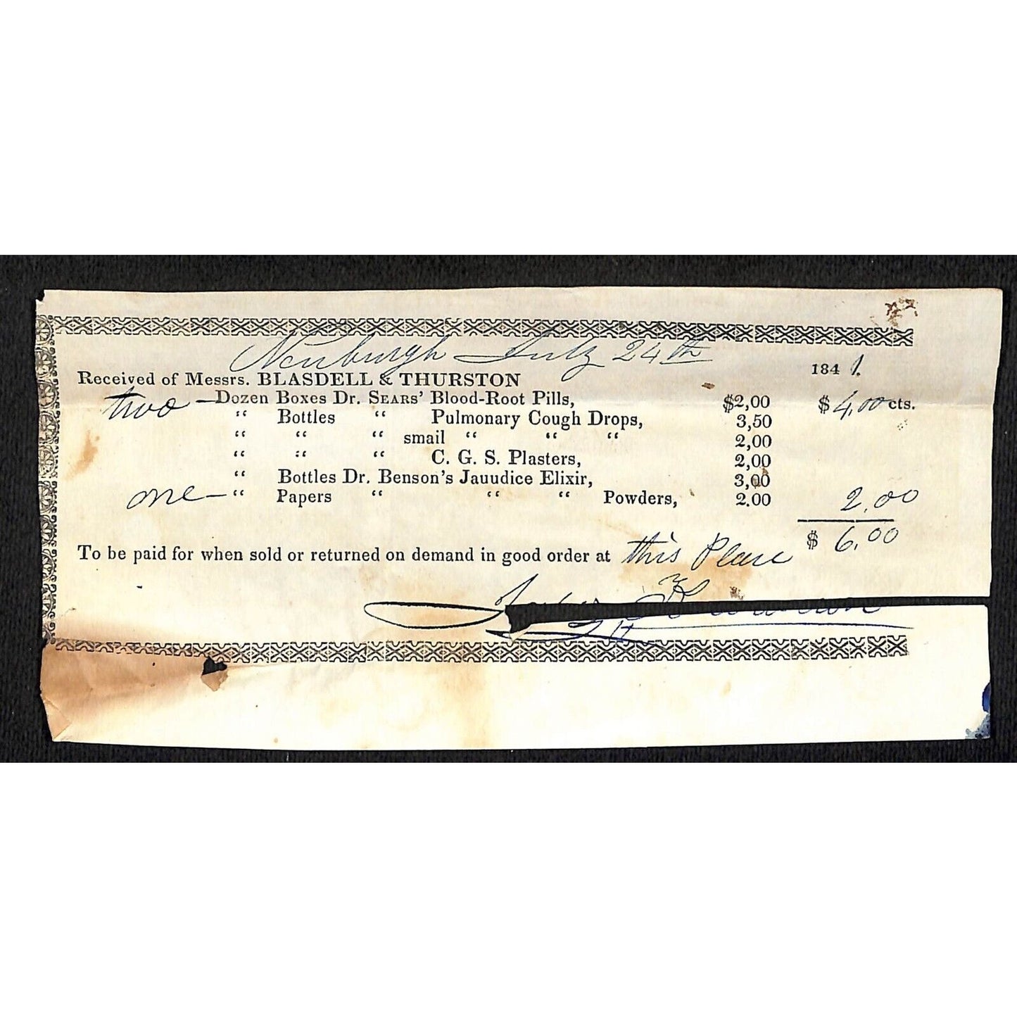 1844 Jabez Knowlton* Newburgh, ME Gen Store Receipt Blasdell & Thurston Remedies