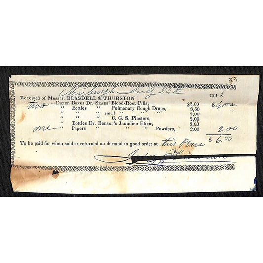 1844 Jabez Knowlton* Newburgh, ME Gen Store Receipt Blasdell & Thurston Remedies