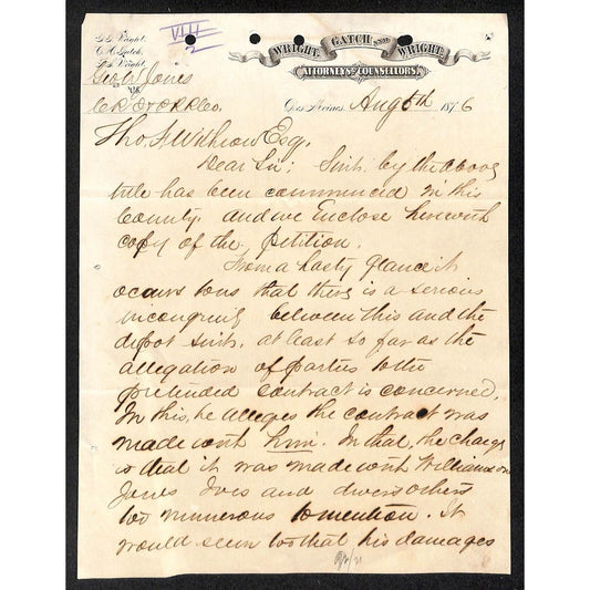 Wright, Gatch and Wright Attorneys 1876 Partial Letterhead to CRI&R RR Co.