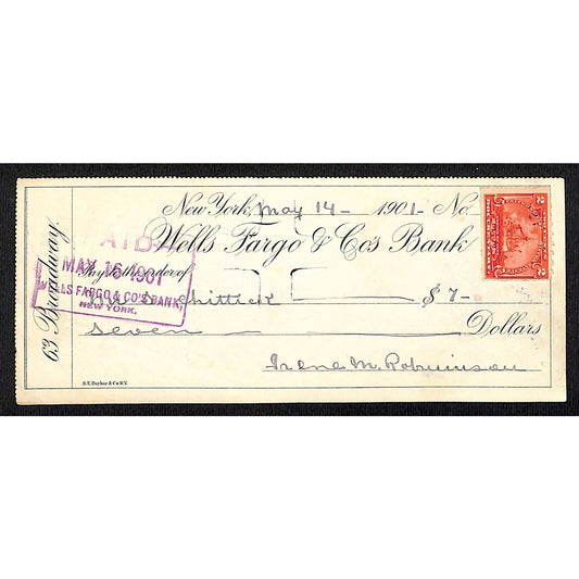 1901 Wells Fargo & Co Bank 63 Broadway NYC Check w/ Rev Stamp S. Chittick