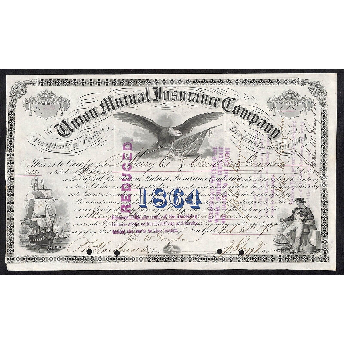 Union Mutual Insurance NY 1864 "Certificate of Profits" to Mary E. Graydon