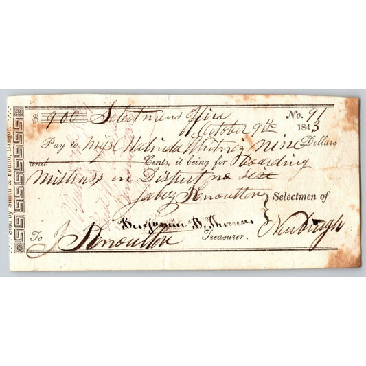 1843 Jabez Knowlton* Newburgh ME Town Check for "Boarding Mistress"
