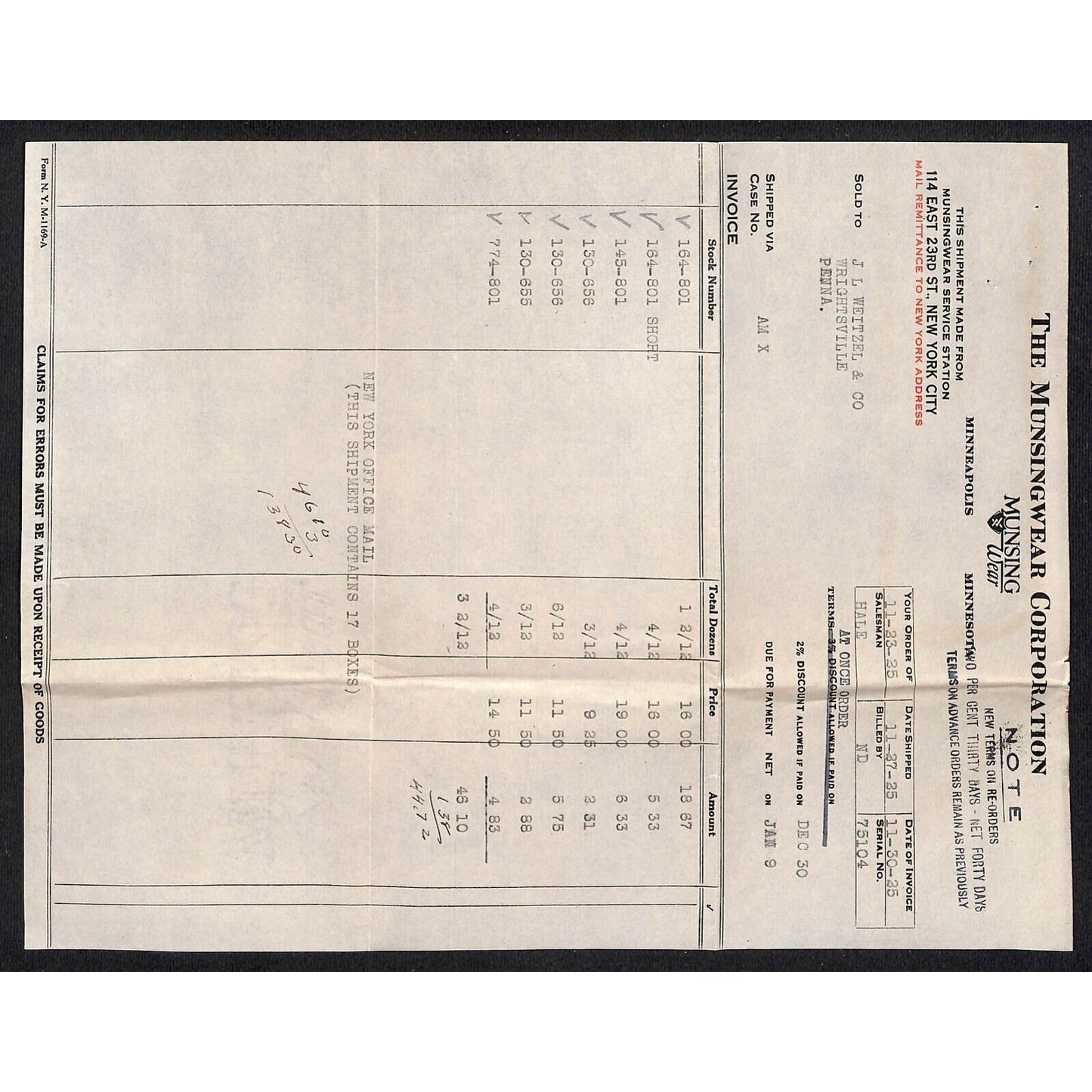 Munsingwear Munsing Wear (Underwear) 23rd St. NYC 1925 3 Billheads + Cover