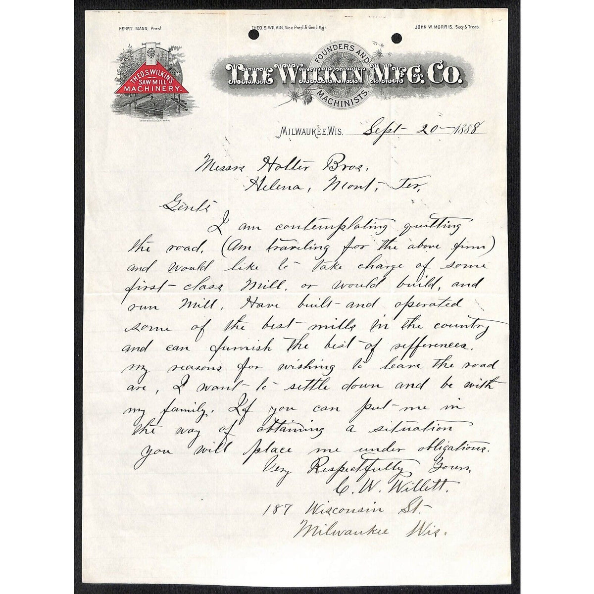 The Wilkin Mfg. Co. Saw Mill Milwaukee 1888 ALS Letterhead to Holter Bros Helena