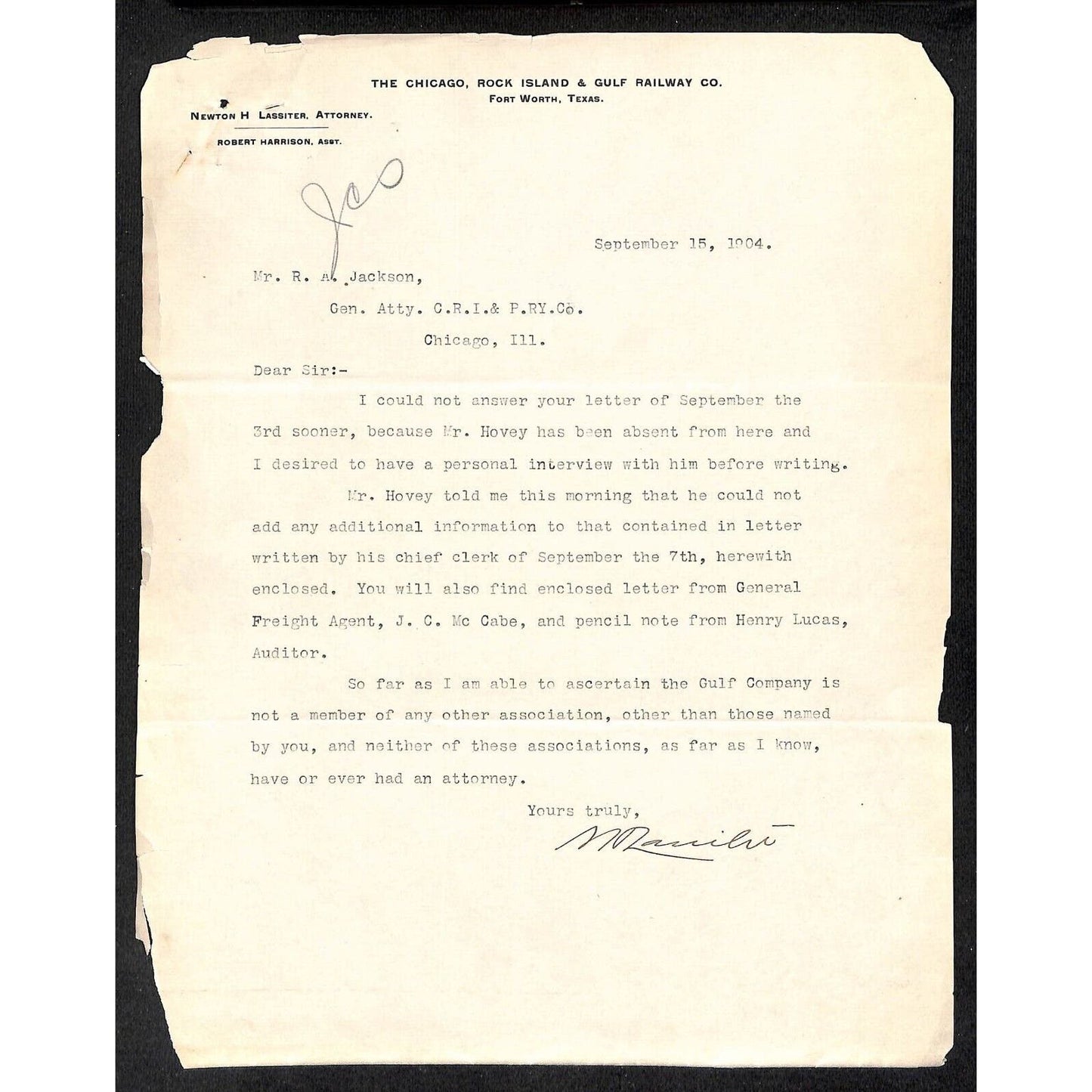 The Chicago, Rock Island & Gulf Railway 1904 Letterhead