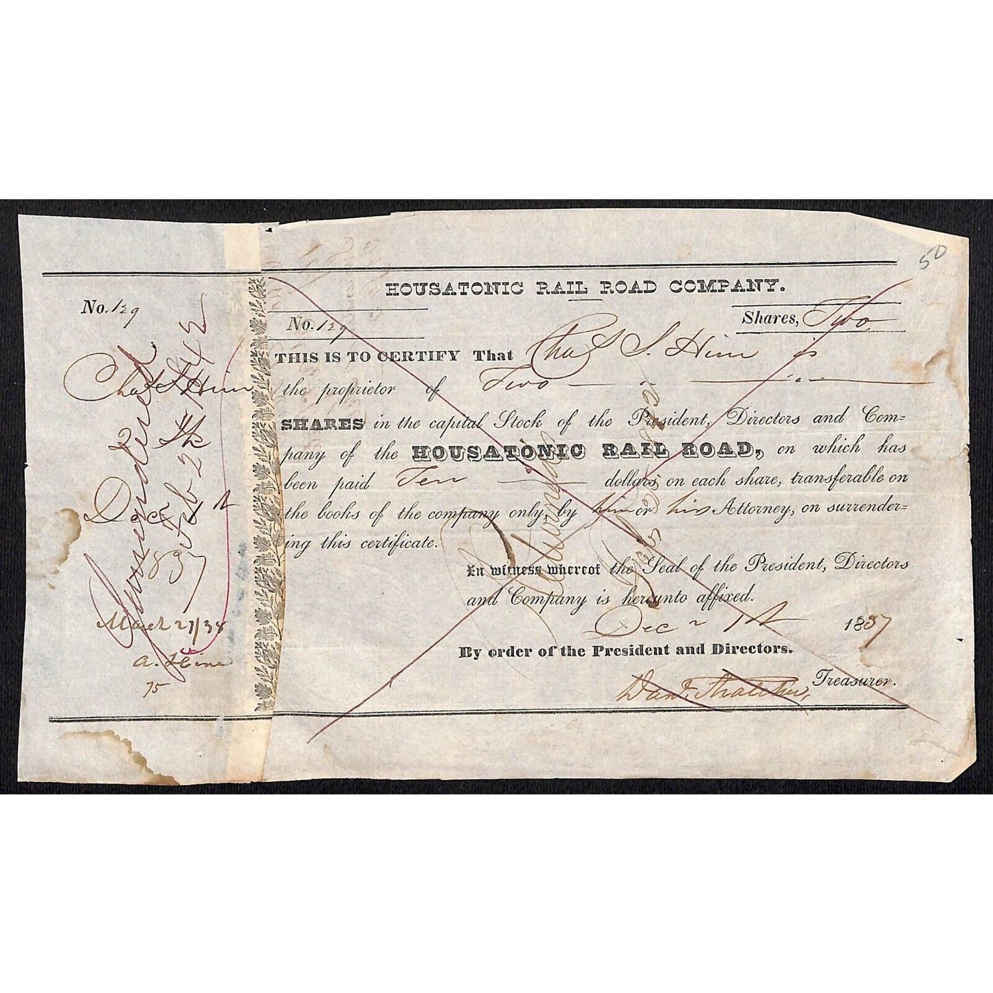 Housatonic Rail Road (CT) 1837 Stock Certificate Charles S. Hine ? #129