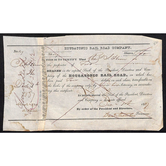 Housatonic Rail Road (CT) 1837 Stock Certificate Charles S. Hine ? #129