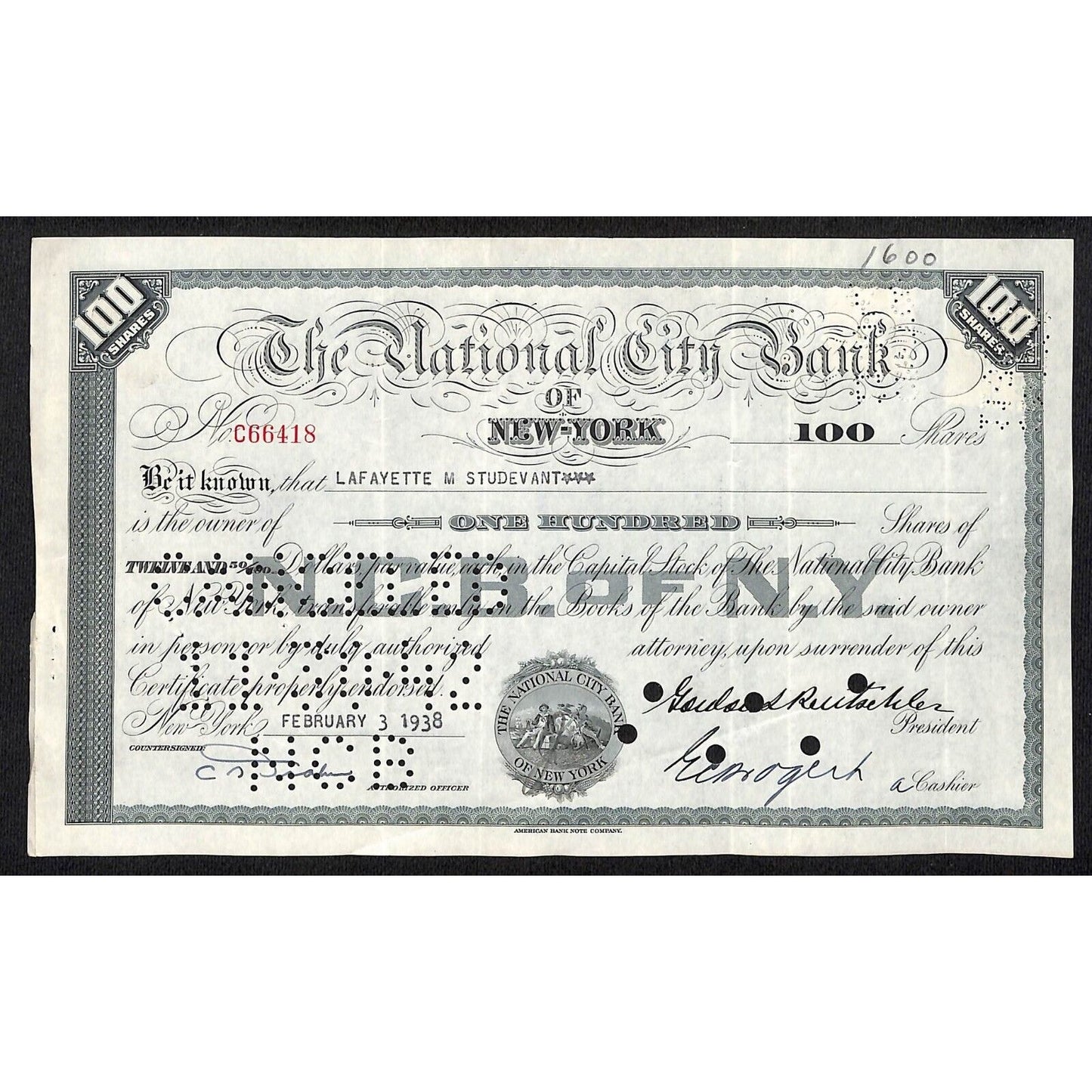National City Bank of New York 1938 Stock Certificate Lafayette M. Studevant