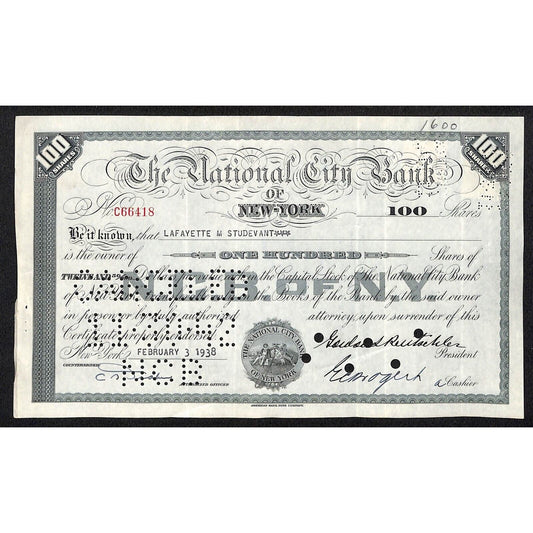 National City Bank of New York 1938 Stock Certificate Lafayette M. Studevant