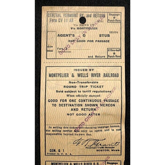 Montpelier and Wells River Railroad Unused Round Trip Ticket Scarce c1941 #41