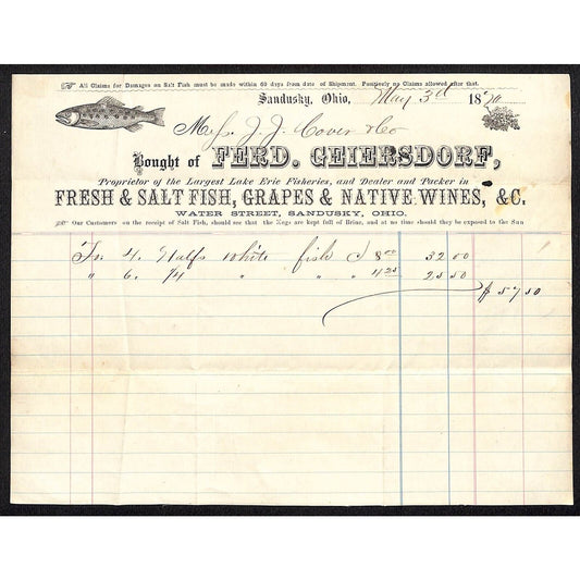 Fred Geiersdorf Fresh and Salt Fish, Grapes 1870 Sandusky, OH Billhead Scarce