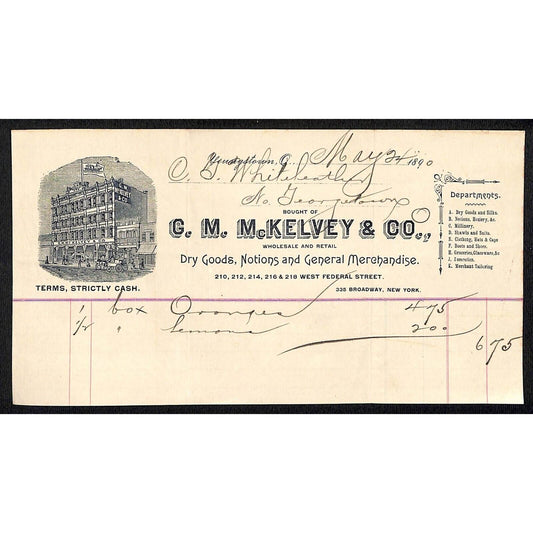 G.M. McKelvey & Co. Broadway NYC 1890 Billhead Whiteleather* N. Georgetown Ohio