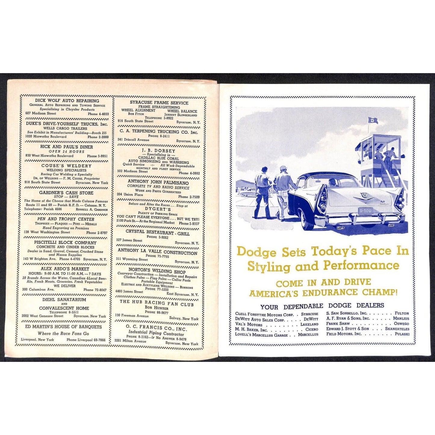 New York State Fair Auto Racing Program Stock Car Sept. 1956 24pp Scarce