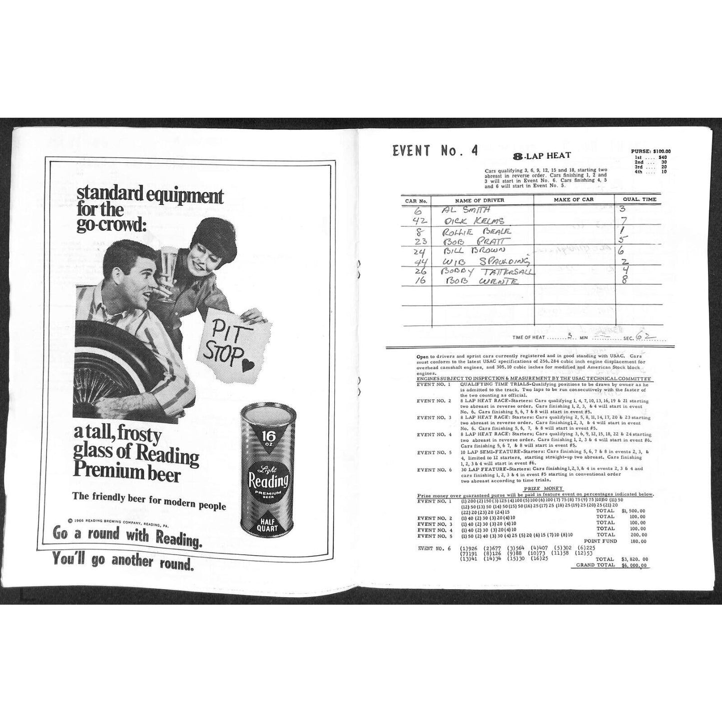 Reading Fairgrounds 1967 USAC Auto Races Program Sprint Car 8pp* Bobby Unser