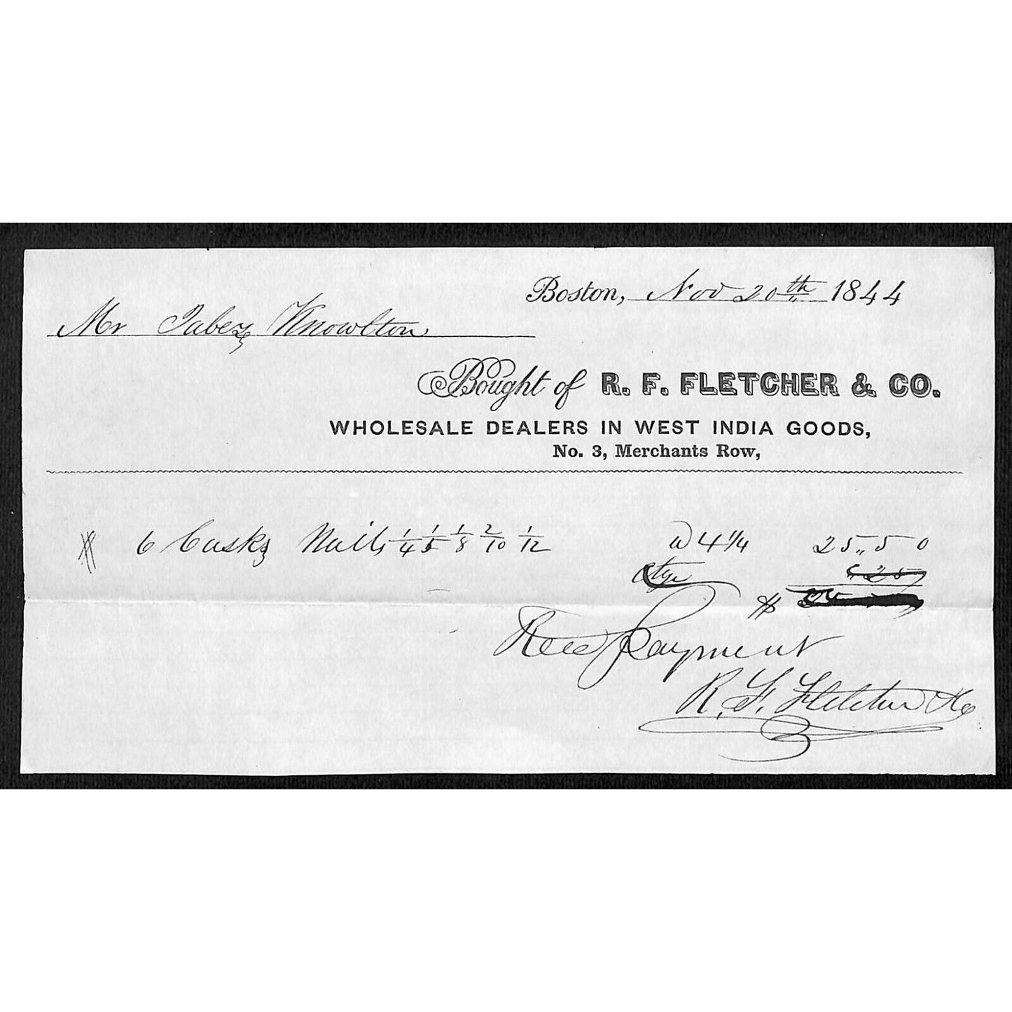 1844 Jabez Knowlton* Newburgh, ME R.F. Fletcher & Co. West India Goods Billhead