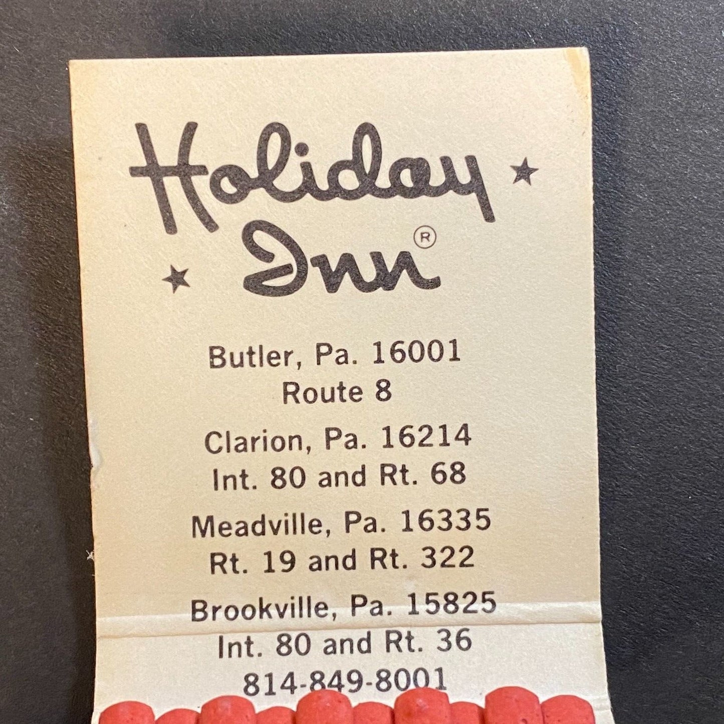 Holiday Inn Butler, PA Clarion Meadville Holidex Full Matchbook c1960's-73