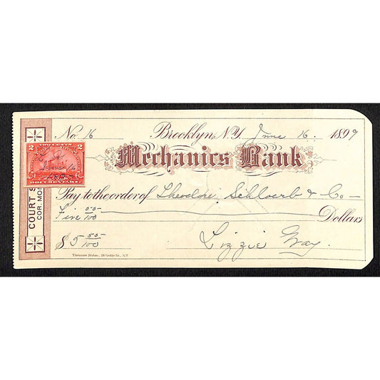 Mechanics Bank Brooklyn, NY 1899 $5.55 Bank Check w/ Tax Stamp