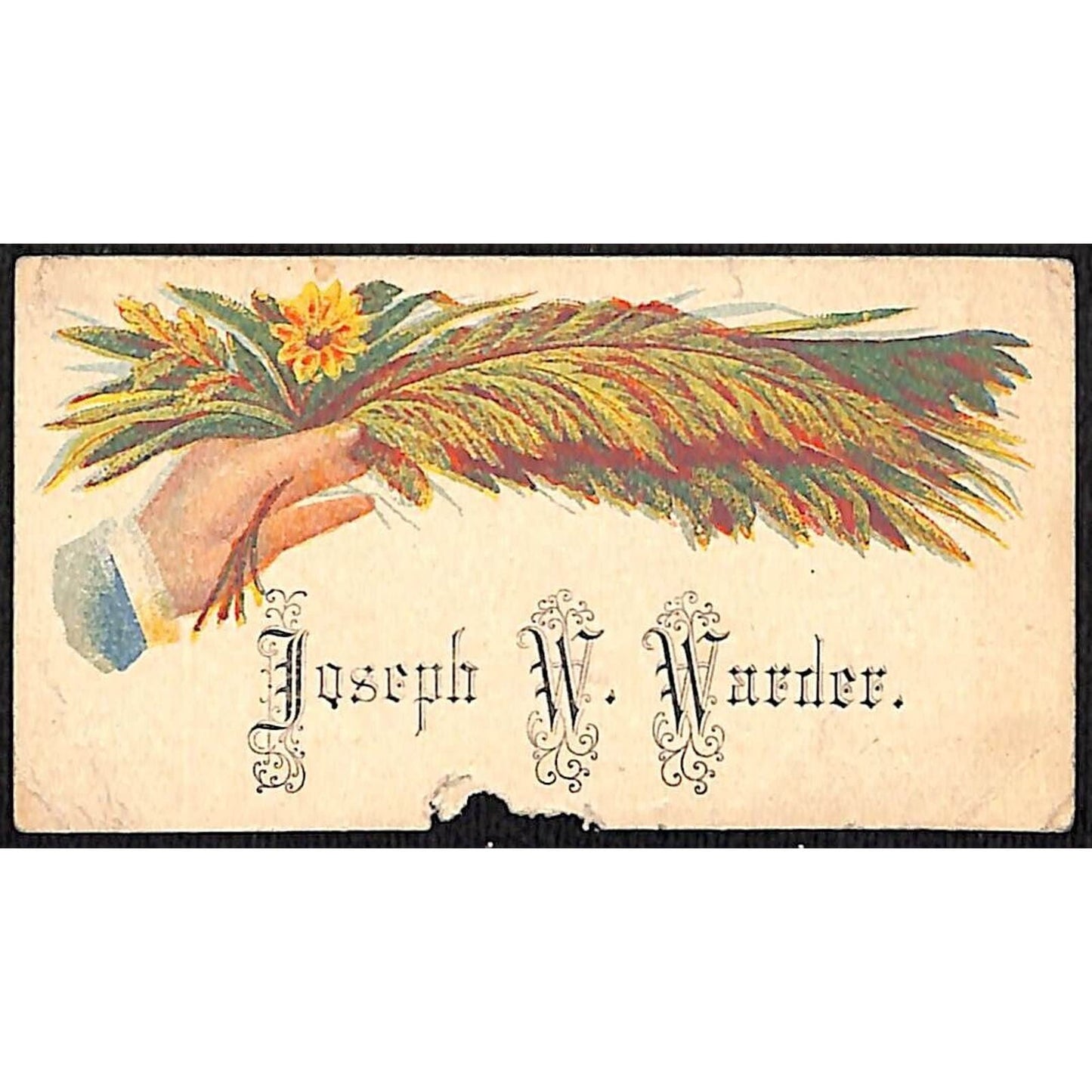 "Joseph W. Warder" Victorian Calling Greeting Card - Floral w/ Man's Hand