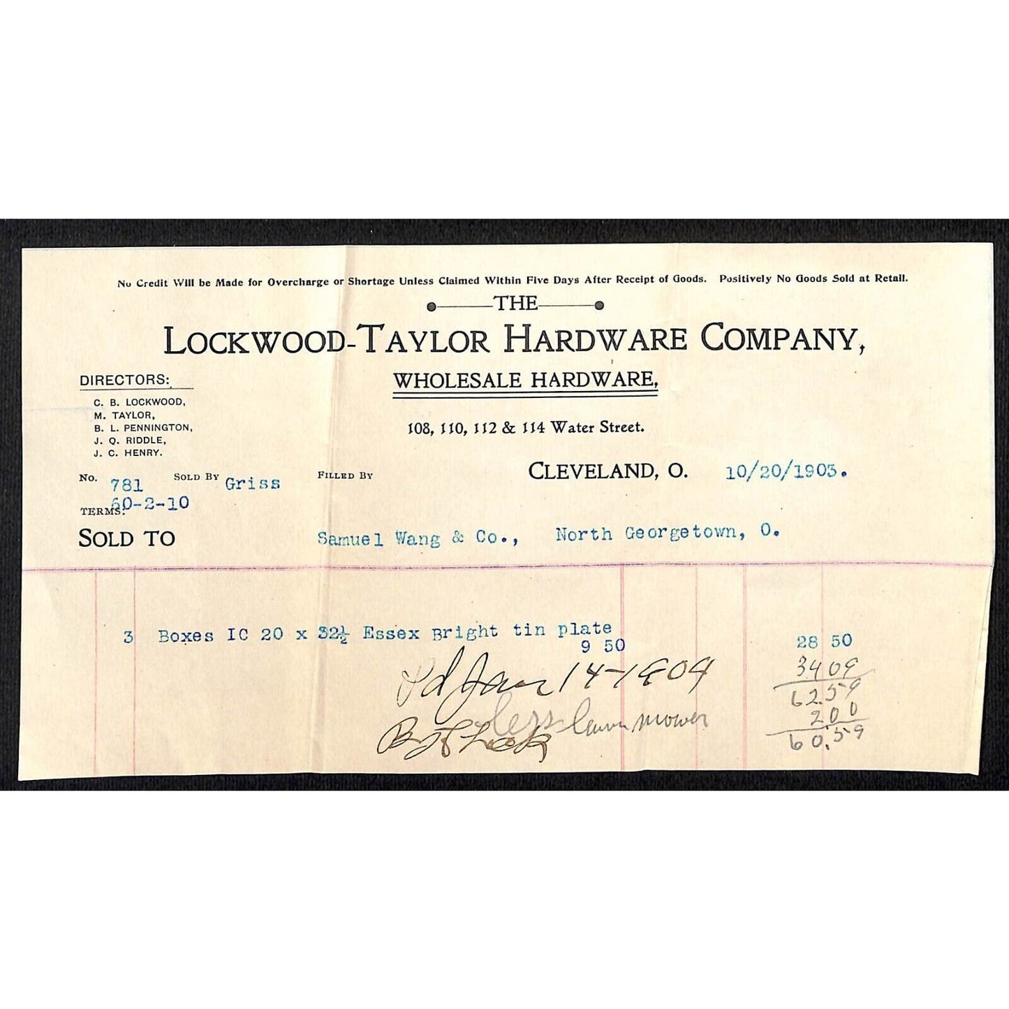 Lockwood-Taylor Hardware Samuel Wang Co* N. Georgetown 1903 Billhead 1906 Cover