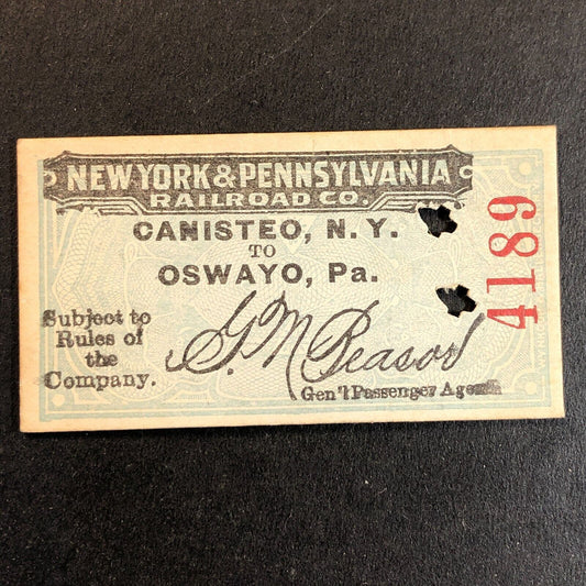 New York & Pennsylvania Railroad July 23 1917 Oswayo Ticket #4189 Scarce