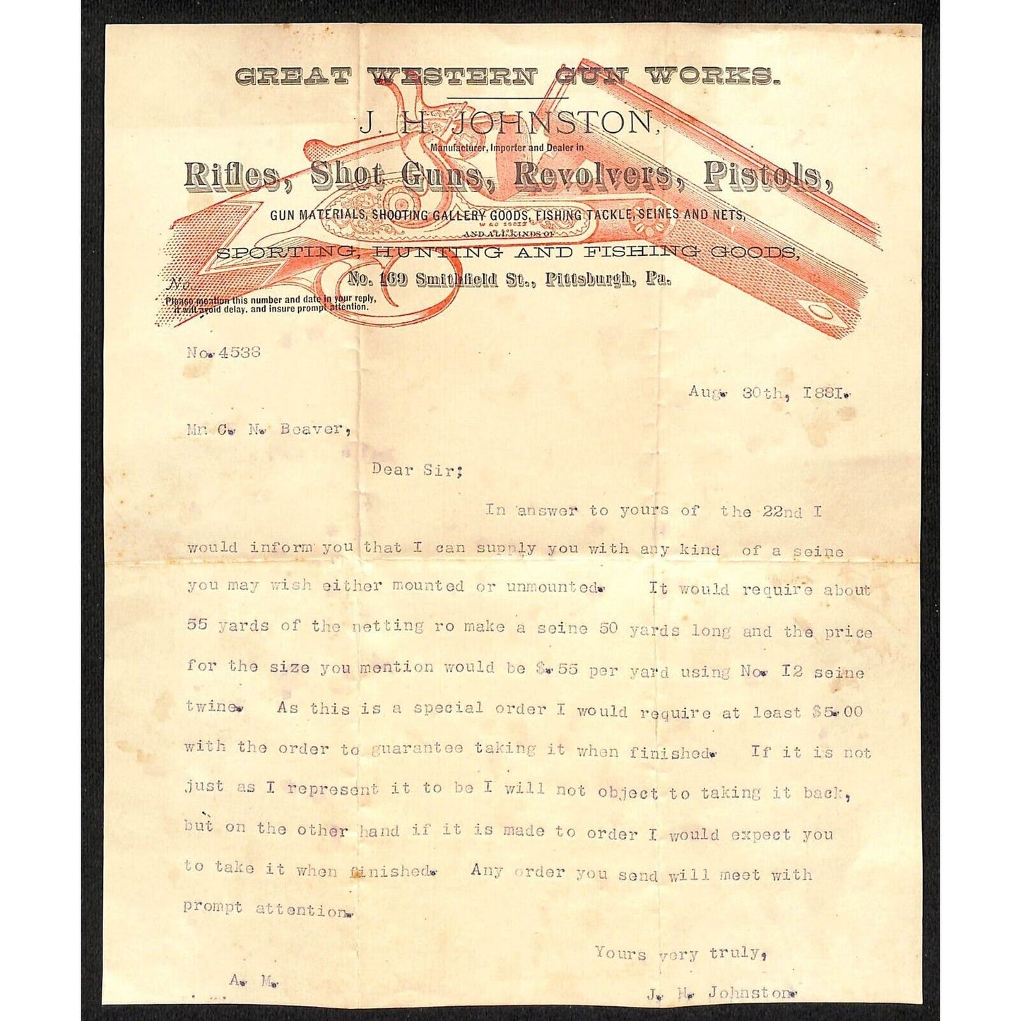 Great Western Gun Works Pittsburgh Rifles Shot Guns Pistols 1881 Letterhead