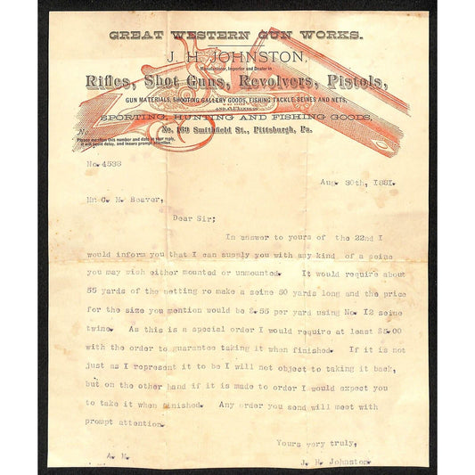 Great Western Gun Works Pittsburgh Rifles Shot Guns Pistols 1881 Letterhead