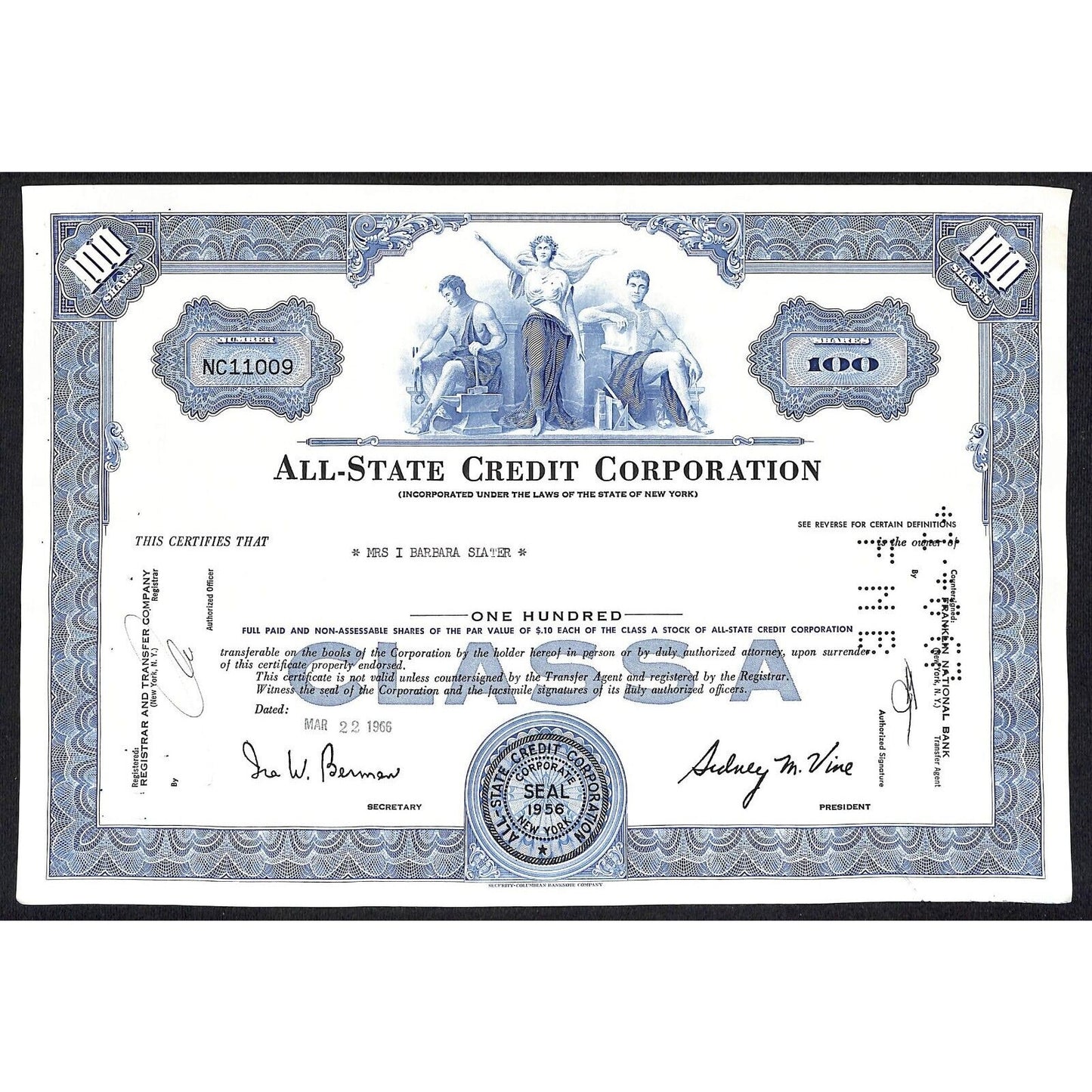All State Credit Corporation NY 1966 Stock Certificate / Mrs. I Barbara Slater