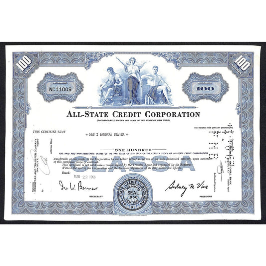 All State Credit Corporation NY 1966 Stock Certificate / Mrs. I Barbara Slater