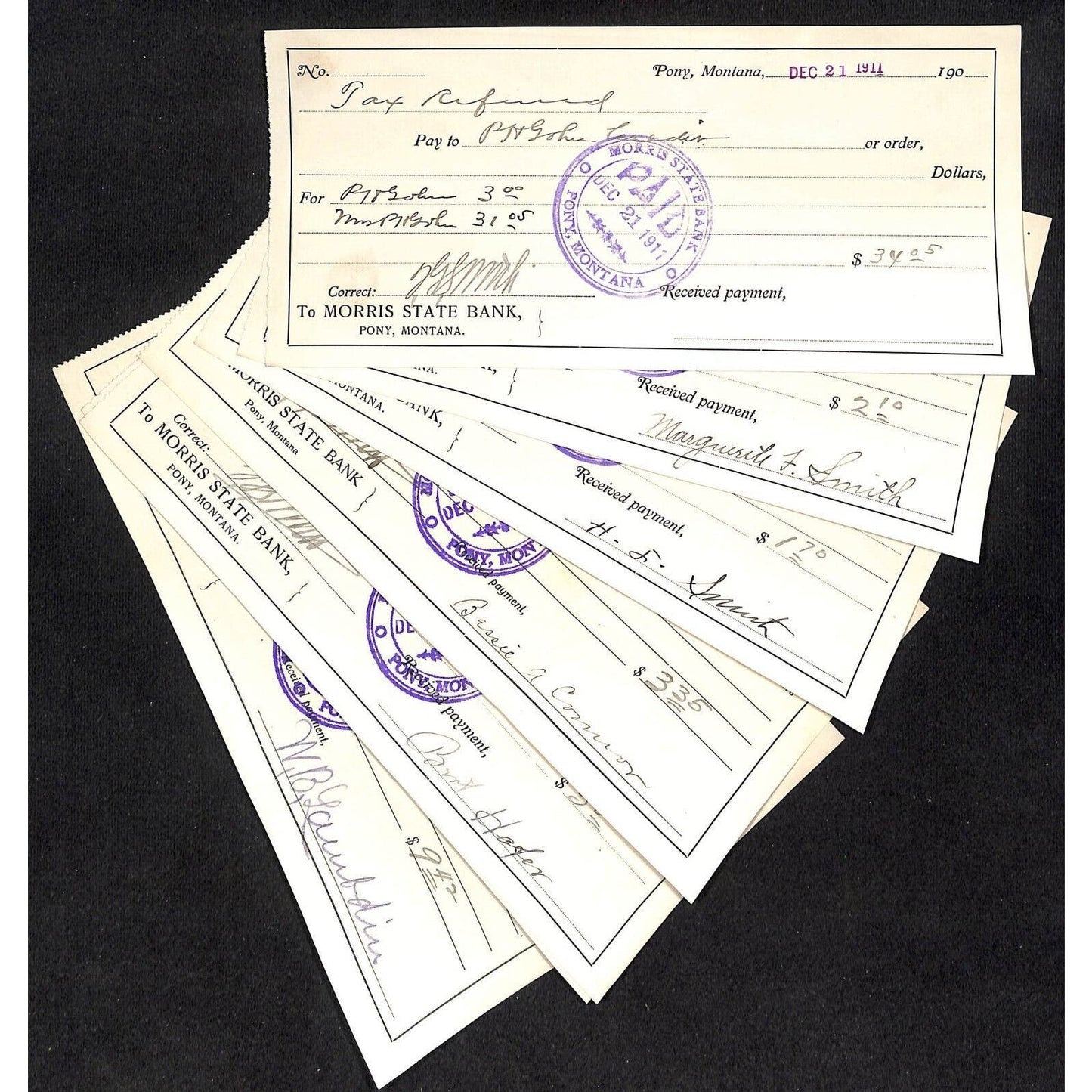 Morris Bank Pony, MT Tax Refund Bank Checks Group of 7 1911 VGC