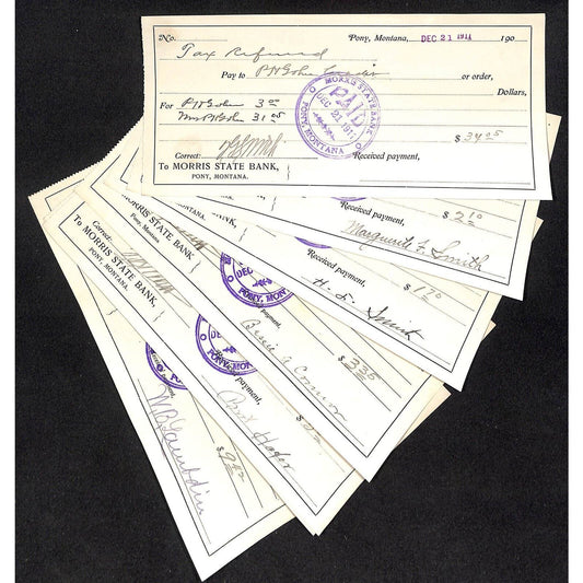 Morris Bank Pony, MT Tax Refund Bank Checks Group of 7 1911 VGC