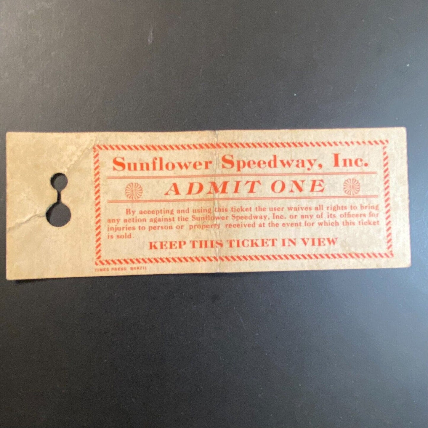 Sunflower Speedway (Brazil, IN) Auto Racing "Admit One" Ticket Very Scarce c1927