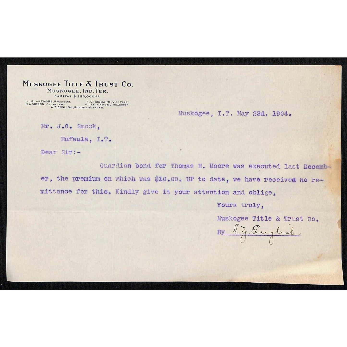 1904 Muskogee Title & Trust Muskogee OK Indian Territory Letterhead
