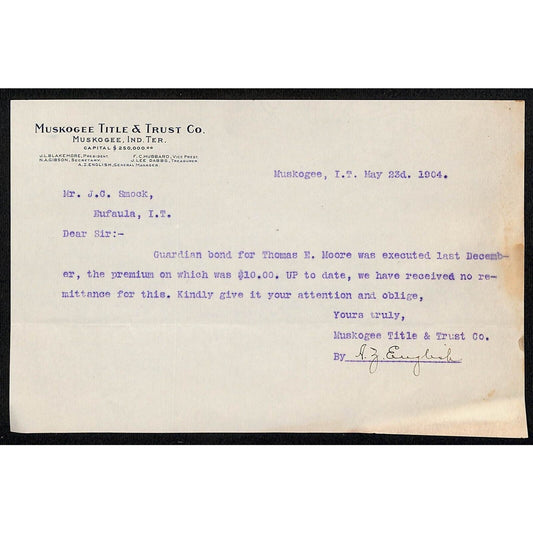 1904 Muskogee Title & Trust Muskogee OK Indian Territory Letterhead
