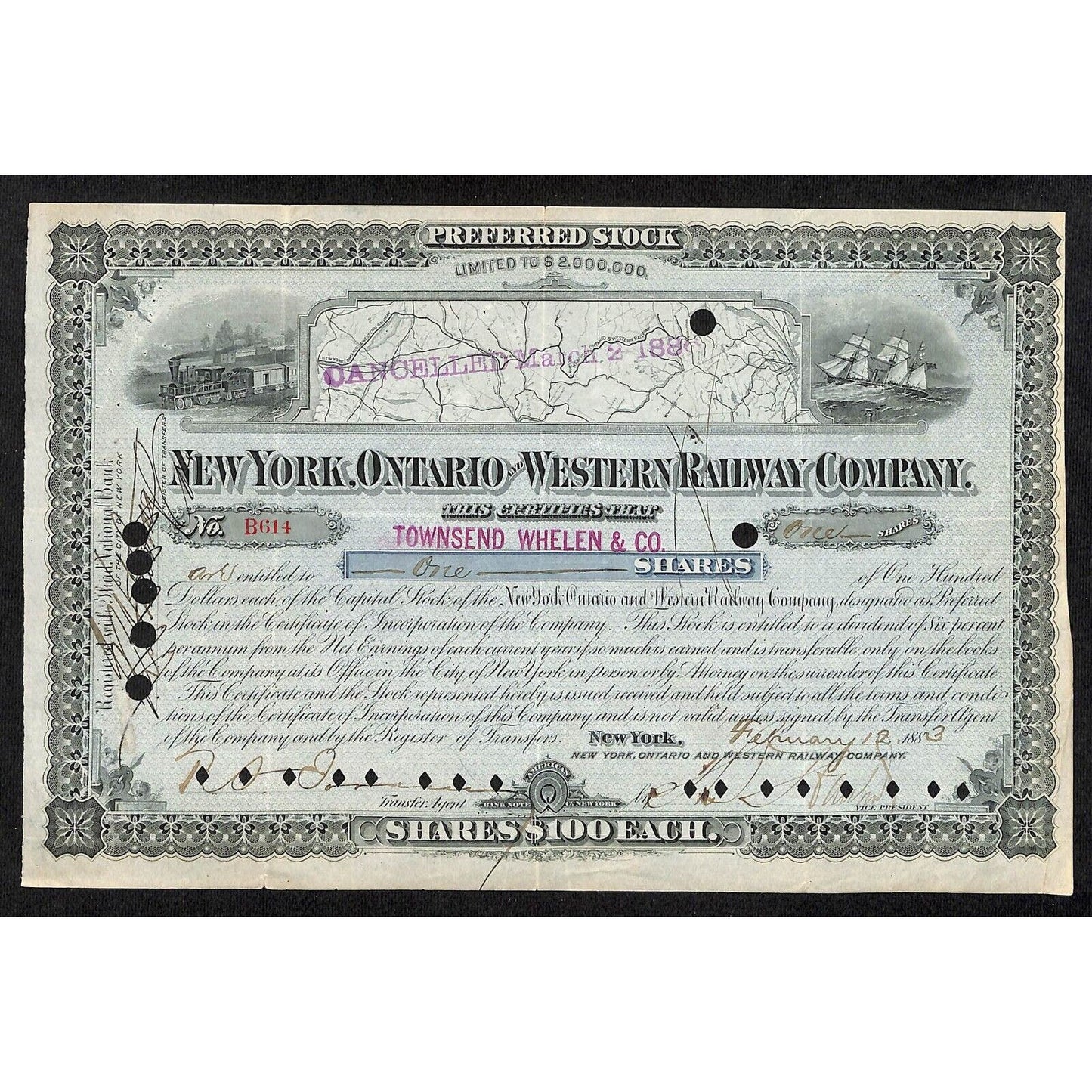 New York, Ontario and Western Railway Co 1883 Stock Certificate #B614 w/ Map