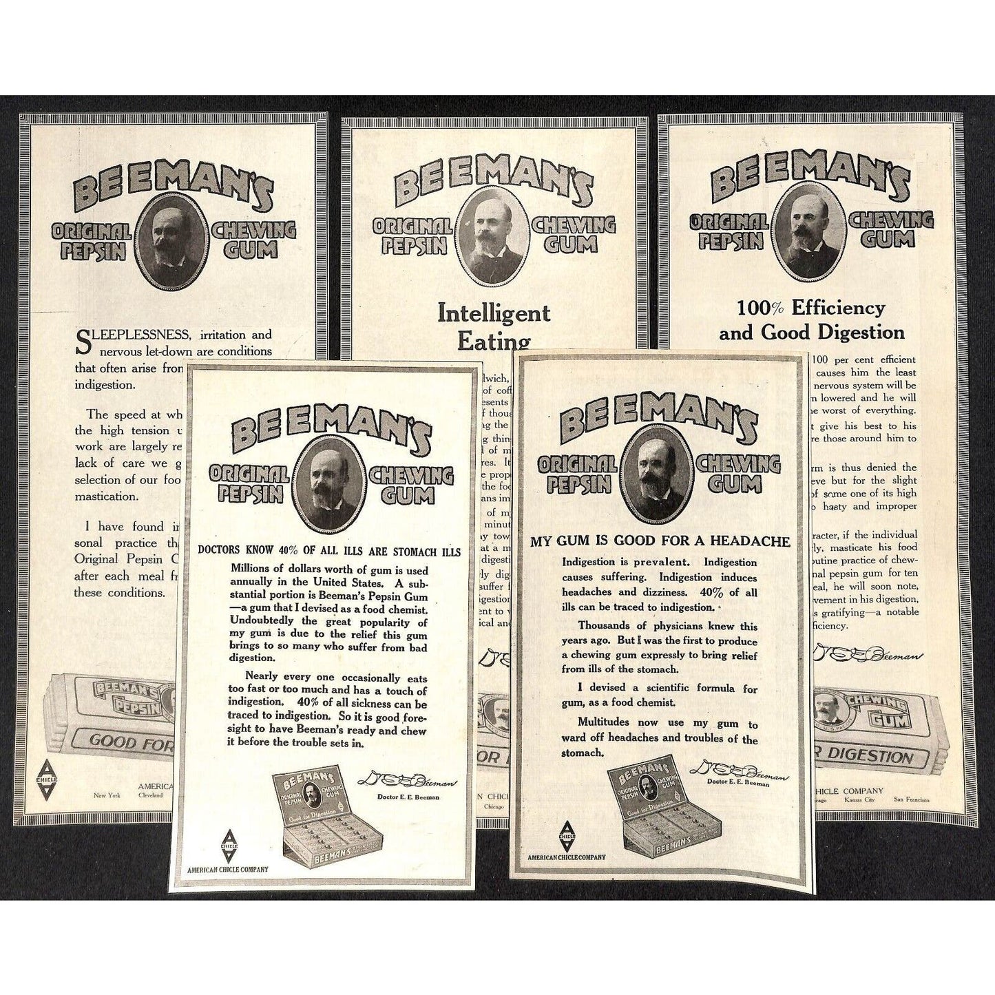 Beeman's Original Pepsin Chewing Gum Group of 5 Mostly c1915-25 Magazine Ads