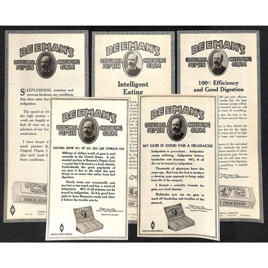 Beeman's Original Pepsin Chewing Gum Group of 5 Mostly c1915-25 Magazine Ads