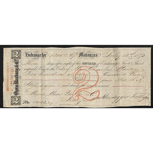 1872 "Second of Exchange" Certifictae $200 - Heidegger Trelles & Co. Matanzas
