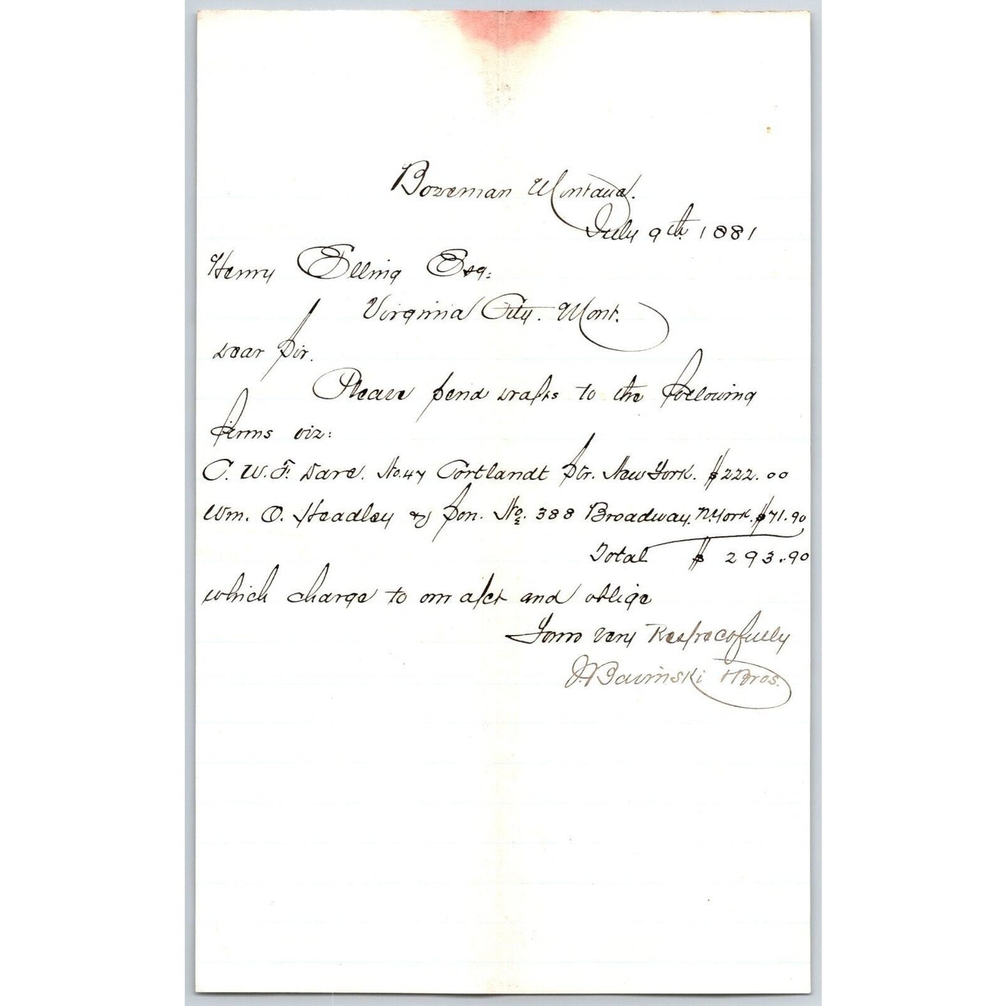 1881 J. Basinski & Bros. Miles City Cash Store ALS to Henry Elling* Payments