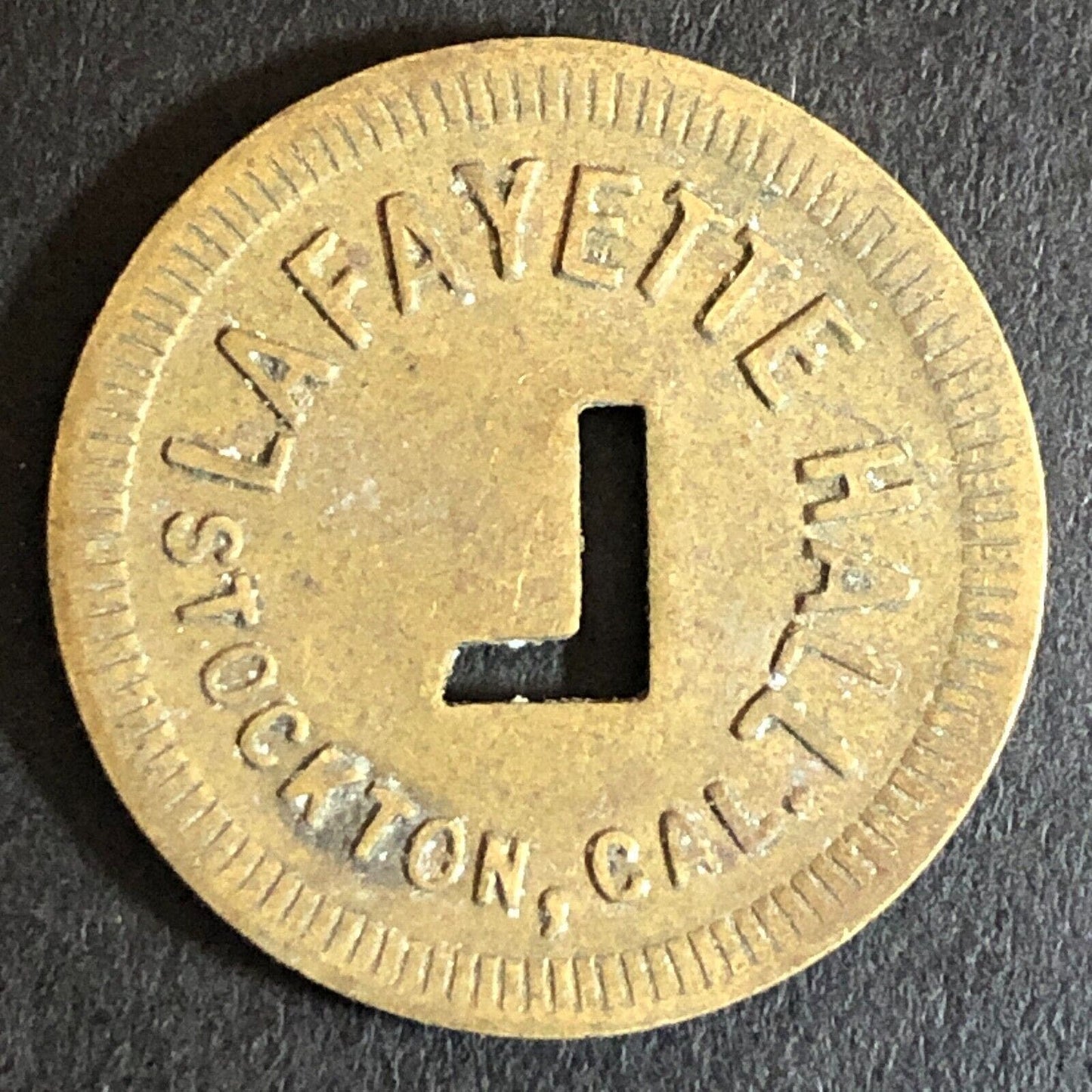 Lafayette Hall Stockton, CA Brass Trade Token "L" Cutout 24mm Scarce