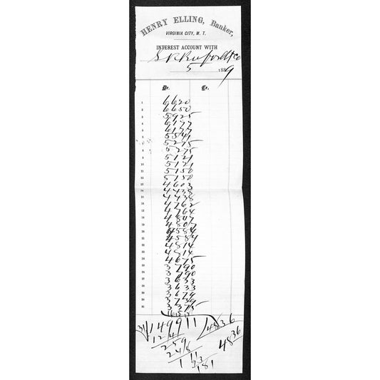 1889 Henry Elling Virginia City Montana Territory Monthly "Interest Account" (#6