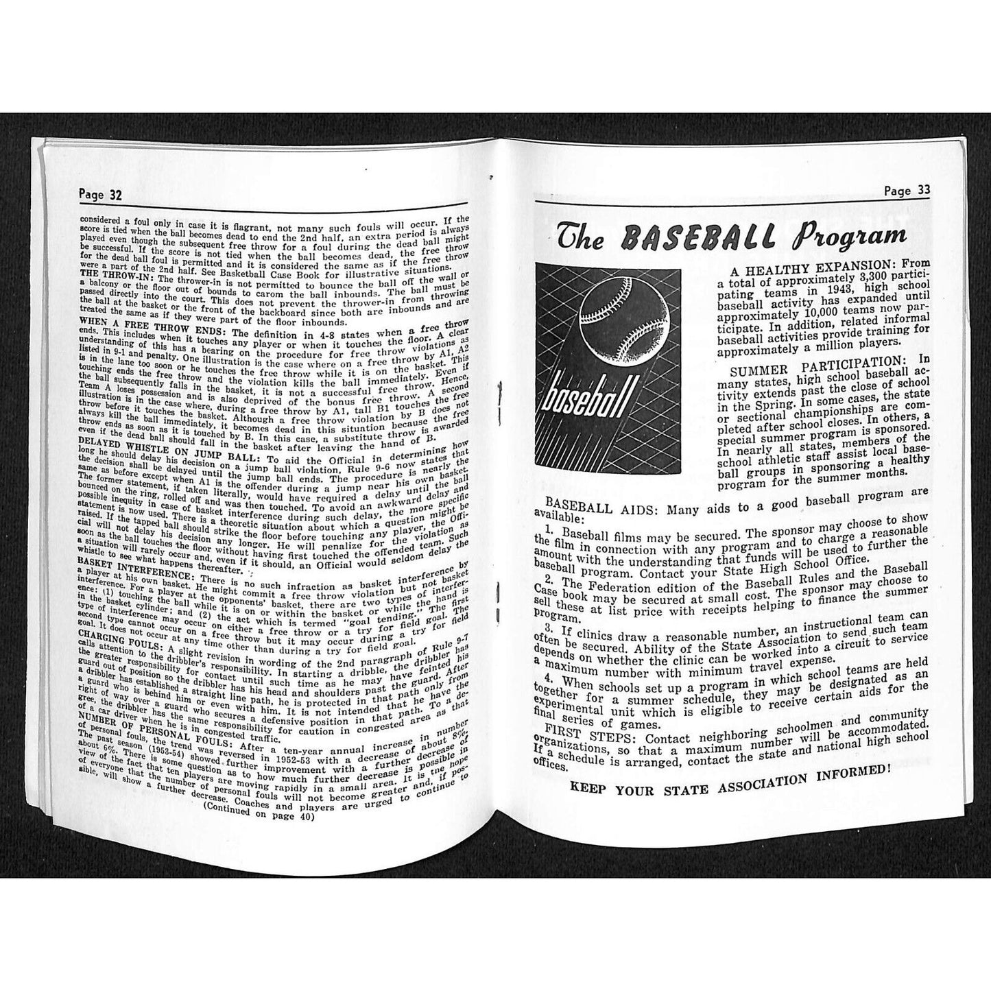 State High School Assoc. "Basketball Rules 1954 - 1955" 1950's Booklet 64pp VGC