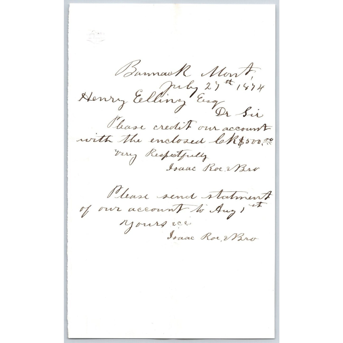 1874 Isaac Roe & Bros. Bannack, MT (Bankers) ALS to Henry Elling* re: Payment