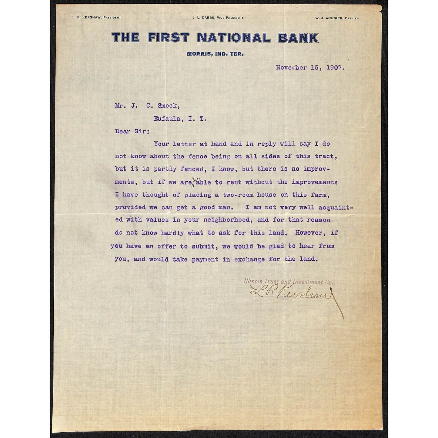 1907 First National Bank Morris, OK Indian Territory TLS Letterhead