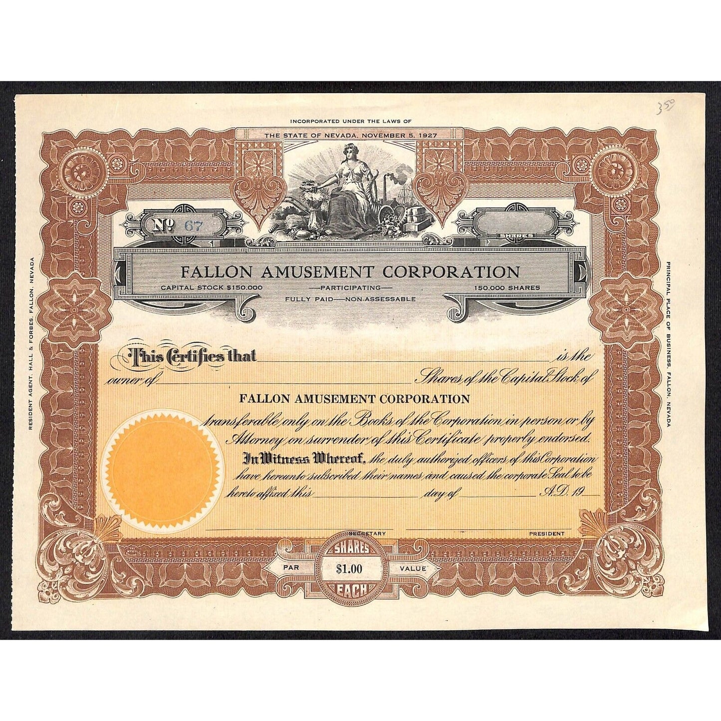 Fallon Amusement Corp. Fallon, NV c1928 Stock Certificate Undated Unissued #67