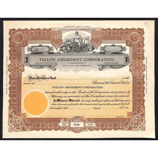 Fallon Amusement Corp. Fallon, NV c1928 Stock Certificate Undated Unissued #67