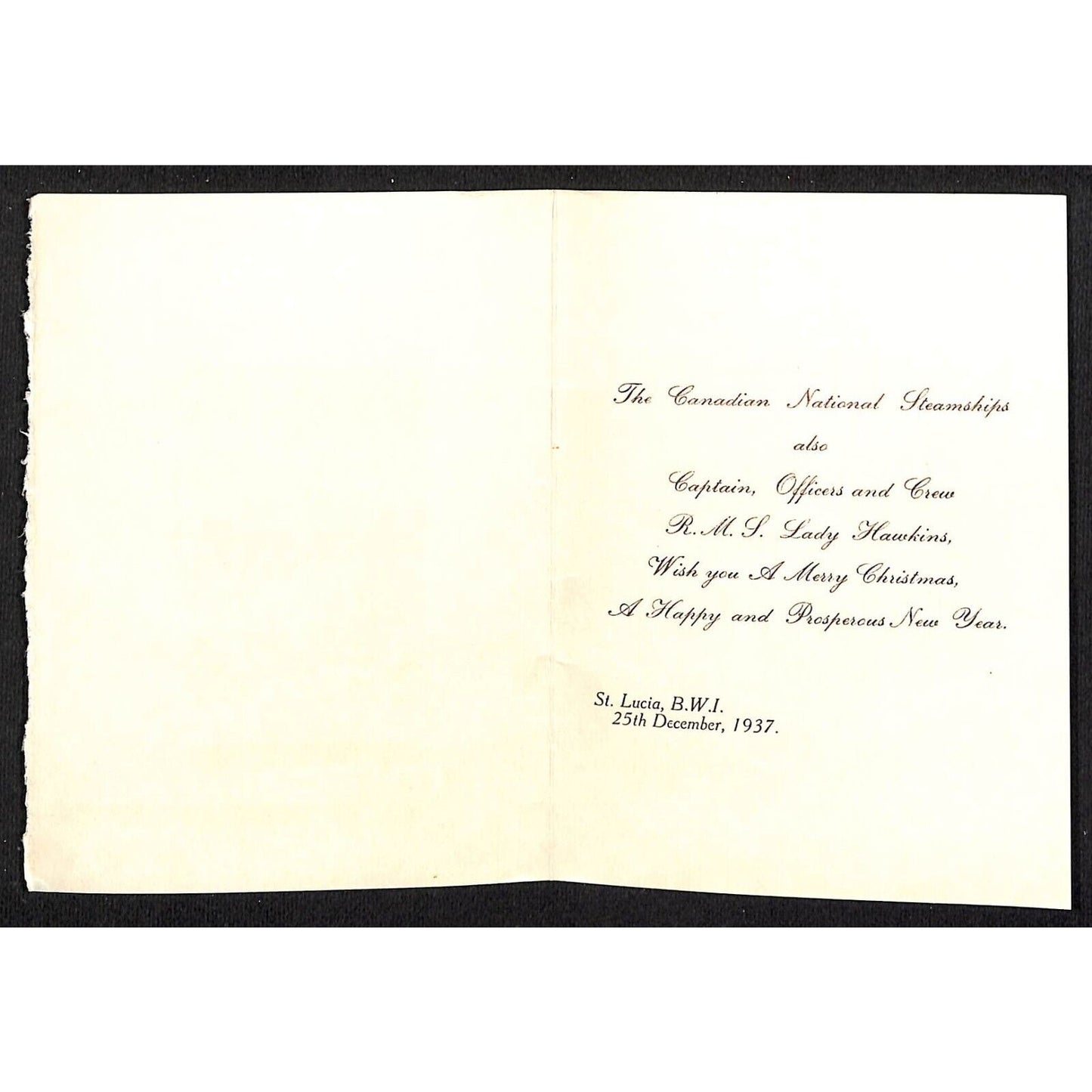 Canadian National Steamships 1937 Small Christmas NYE Card from Staff & Captain