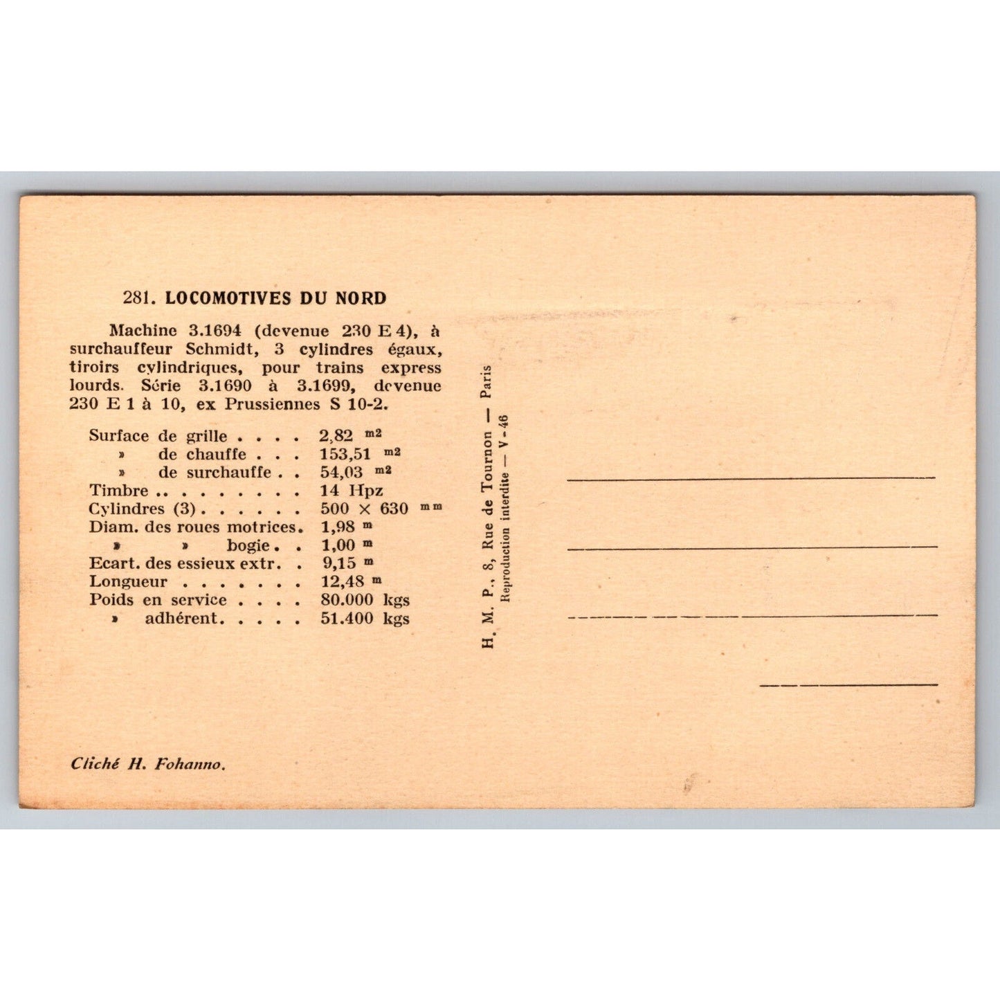 French Railroad RPPC* Postcard Machine 3.1694 Series 3.1690-3.1699 c1900 H.M.P.