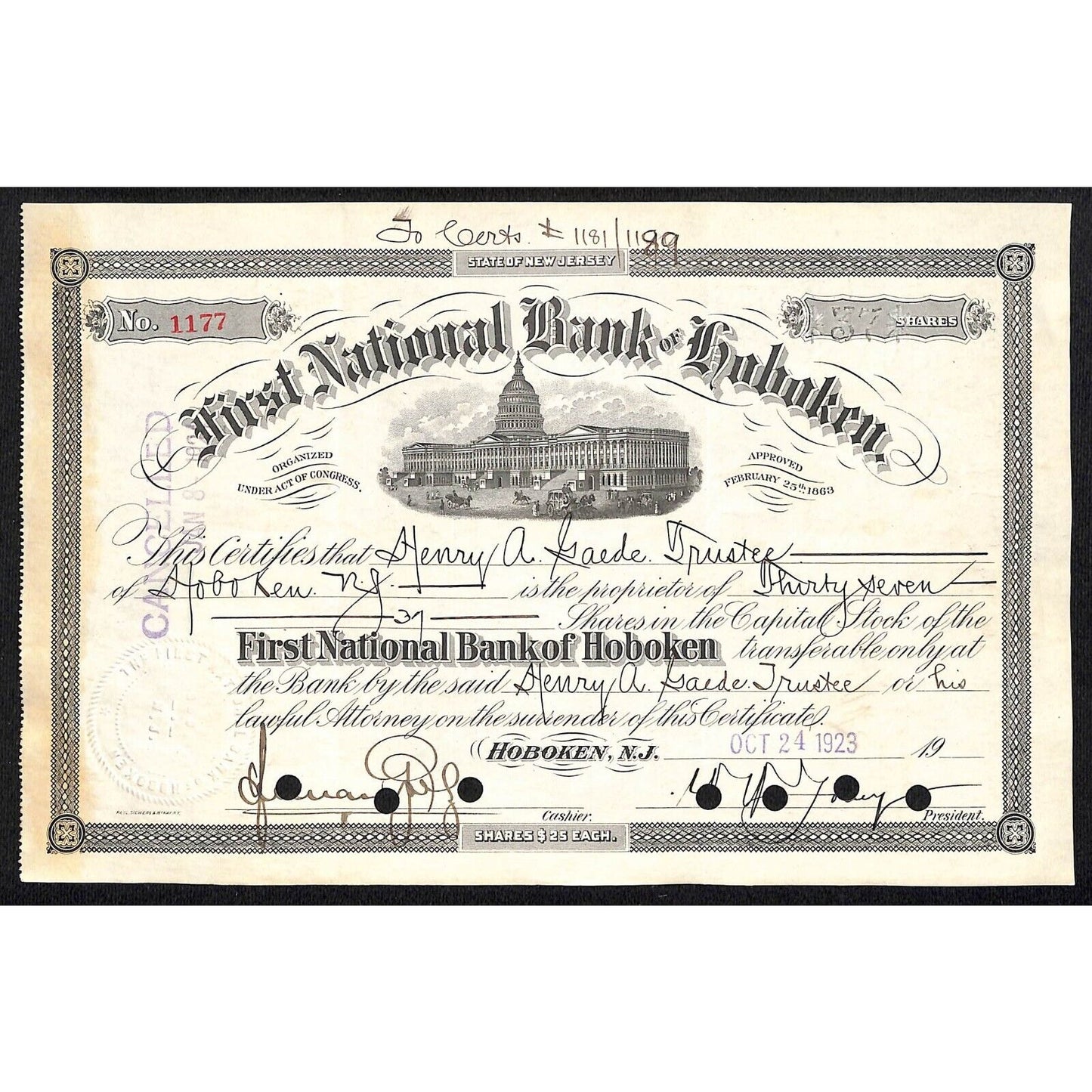 First National Bank of Hoboken NJ 1923 Stock Certificate Henry A. Gaede