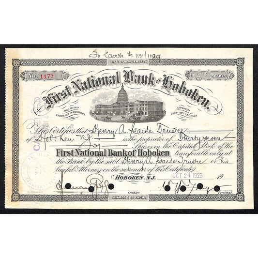 First National Bank of Hoboken NJ 1923 Stock Certificate Henry A. Gaede