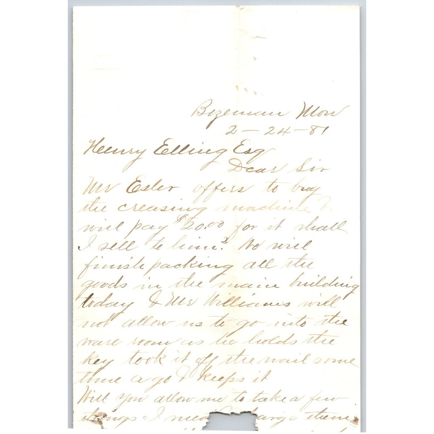 1881 L.M. Jones Bozeman, MT ALS to Henry Elling* "..Feasible Packaging.."